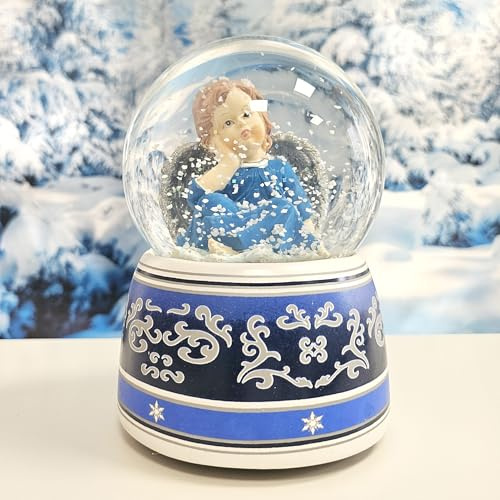 Palla di neve natalizia con angelo con ali, base con ornamenti, con carillon, altezza: 140 mm, larghezza: 100 mm, 20030 (angelo blu sognato)