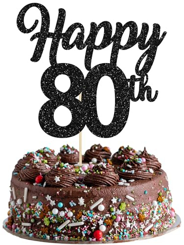 3Pcs Happy 80th Cake Topper Black Glitter Number 80 Eighty Birthday Cake Pick Decorations for Cheers to 80 Years Old 80th Birthday Wedding Anniversary Party Supplies