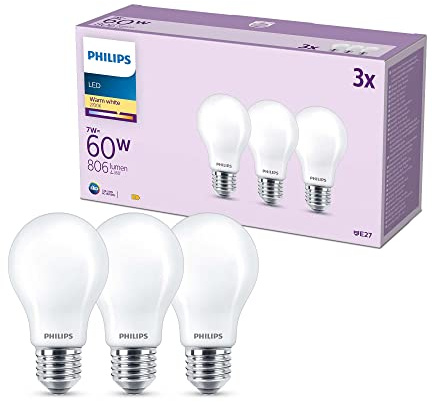 Philips - Bombilla LED A60 7W (Eq. 60W) 806 lúmenes, casquillo E27, Luz Blanca Cálida (2700k) - Pack 3 Bombillas