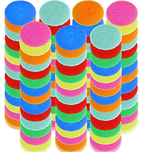 Nuogo 100 Pieces Reusable Plastic Dish Pot Scrubbers Bulk, Non-Scratch Nylon Scouring Pads for Kitchen Cleaning, Assorted Color Poly Mesh Dishwashing Pads for Household Use