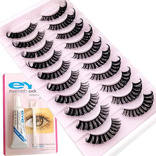 Eyelashes With Glue False Russian Strip Lashes Wispy Fluffy Natural Look Lashes Kit,10Pairs Pack Lashes Extension For Lady Girls Dating Makeup Wedding