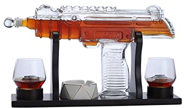 Ensemble carafe à whisky et à vin avec 2 verres, cendrier, plateau de base en bois, carafe à vin pour vin, scotch, vodka bourbon, cadeaux pour hommes 1000ml (Or)
