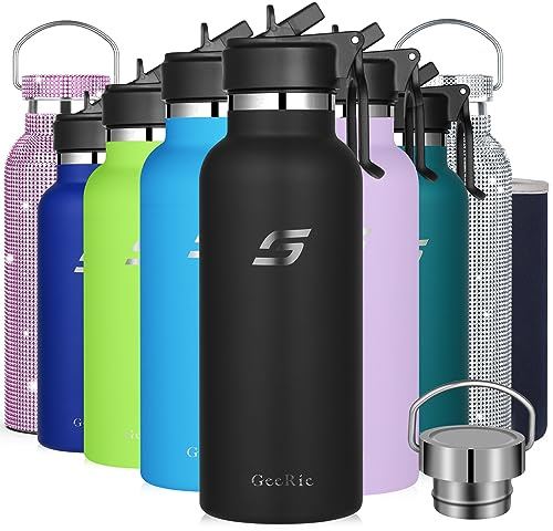 GeeRic Bottiglia Termica 500ML Opaco Borraccia Acciaio Inox+Tappo con Cannuccia+Borsa Portatile 500ML Bottiglia Acqua Sportiva Tenere 18H Caldo/24H Freddo Borraccia Termica per Gita,Scuola,Sport Nero