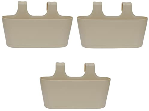 Engelland 3 x Blumenkasten zum Auf-Hängen, Farbe: Sand, Blumentopf, oval, Balkon, Übertopf, Pflanzkasten, mit Wasserspeicher/Wasserauffangschale