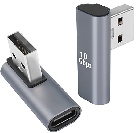 QIANRENON 90° Ángulo USB C a USB Adaptador 10Gbps USB 3.1 Macho a USB C Hembra Izquierda Ángulo L Forma Conector, Aleación Al, para Transmisión Audio y vídeo, 2Pcs (Izquierda Ángulo Curva Vertical)