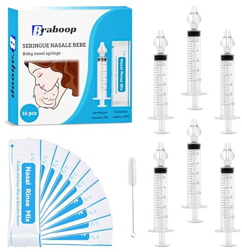 Bebe Nasenspritze und Bebe Fliege 10 ml [x6] | Bebe Nasensalz [X10]| Nasenspülung | Reinigungsbürste [X1] | Weiche Silikon-Ohrstöpsel | Wiederverwendbare Spritze | Bpa-freies Hygiene-Set