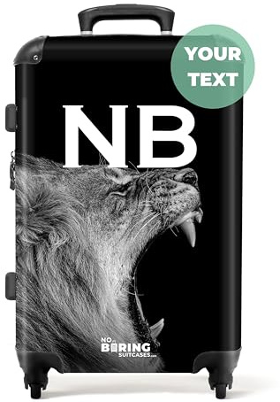 NoBoringSuitcases.com® Koffer personalisiert, 67x43x25cm - Hartschalenkoffer, Koffer Hartschale Mittelgroß - Koffer Groß mit 4 Rollen - Schwarzer/weißer Löwe - Leicht - Koffer mit Namen Initialen