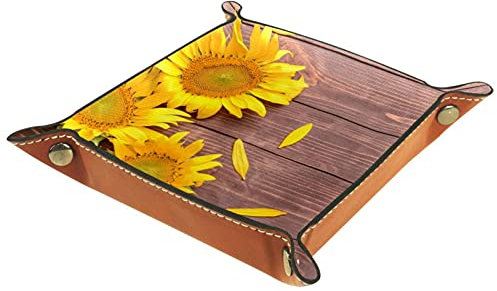 suojapuku Ledertablett,Leder Sonnenblumen auf Holz Tablett,Taschenleerer Tablett für Aufbewahrungsschlüssel-Münzen-Schmuckuhr