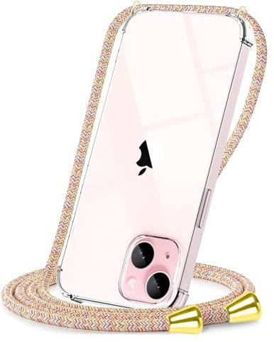 CAROKI Crossbody Case for iPhone 15,Necklace Mobile Phone Cover with Cord Strap Clear Transparent TPU Soft iPhone 15 Cover Holder with Neck Cord Lanyard Strap-Rainbow