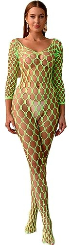 Bommi Fairy Completo di Lingerie Sexy da Donna, Biancheria Intima Rete a Rete, Babydoll a Maniche Lunghe, Abito da Festa, Calze Rete, Collant, Tuta in Maglia Elasticizzata Taglia Unica, verde, XS-XXL