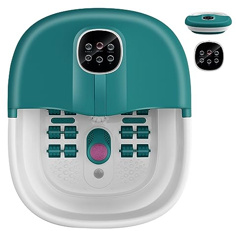 HOMASIS 500W Fußbad mit Massage & Heizung, faltbares Fußmassagegerät Fußsprudelbad mit Massagerollen, Bimssteinen, Elektrisches Fussbad 41/43/45°C, Fußbadewanne Timer 20/60 Minuten (Türkis)