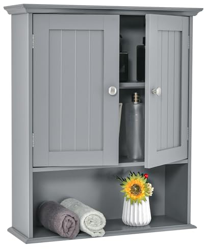 GIANTEX Badezimmerschrank hängend Holz, Hängeschrank Bad mit offener Ablage, Badschrank Wandschrank mit Türen & verstellbarem Regal, Badhängeschrank für Badezimmer Küche 60x19x71 cm (Grau)