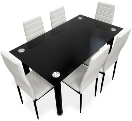 Homey - Pack Mesa de Cristal de Comedor o Cocina + 6 Sillas Color Blanco a Juego, Modelo Döme, Prácticas y Funcionales