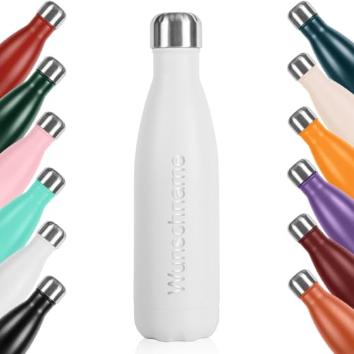 polar-effekt Edelstahl Trinkflasche 500 ml in weiß mit personalisierte Gravur - kohlensäure geeignet - für Wasser, Saft und Kaffee - für Schule, Arbeit und Gym