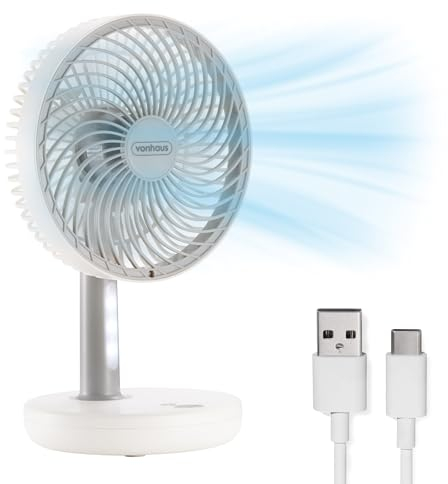 VonHaus Ventilatore da tavolo 26 cm – Ventilatore portatile ricaricabile, silenzioso, leggero, 3 velocità, inclinazione a 45°, luce LED - ventilatore da scrivania USB per casa, ufficio, camera da