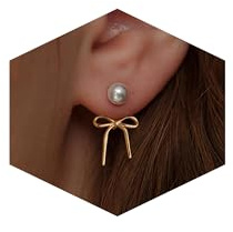 Riisamil Gold Pearl Earrings for Women Trendy, Dainty Bow Earrings for Women Cute Stud Fall Earrings Simple Dangle Unique Earrings Gold Fall Pearl Jewelry for Women Gifts Fashion Accessories
