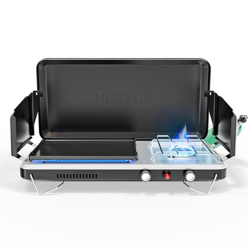ROVSUN 2-in-1 Portable Camping Stove & Propane Grill with Enamel Griddle & Piezo Igniter, Tabletop Camp Stove with Built-in Handle, Wind Panel & Regulator for Camping, Tailgating, Grilling (Black)