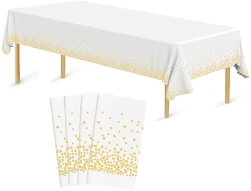 Bouiexye 4 Stück Einweg Tischdecken 137 x 274 cm Tischdecke aus Kunststoff Gold und Weiß Rechteckige Tischabdeckung Gartentischdecke für Gastronomie Party Hochzeiten Grillen Picknick