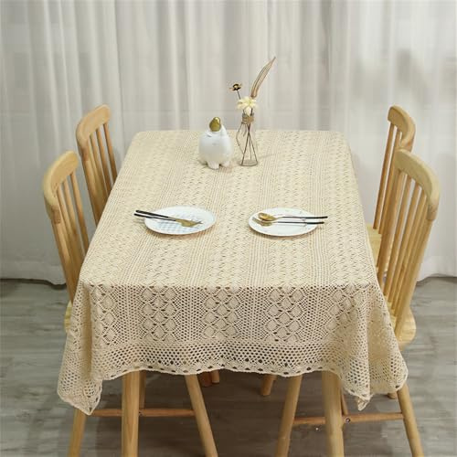 FMIYJUN Rechteckige Häkel-Tischdecke, beige, Deckchen, Baumwolle, Vintage-Spitze, rechteckige Küche, böhmische Tischdecken für Party, Bankett, Esszimmer, Hochzeitsdekorationen