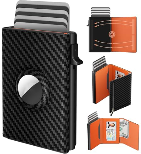 dwnkove Airtag Wallet, Slim Wallet mit Münzfach for Men, Portemonee mit RFID Schutz, Kreditkartenetui für 9-12 Karten, Smart Wallet, Magnetschalter und Pop Up-Mechanismus, ID-Fenster | Cash-Slot