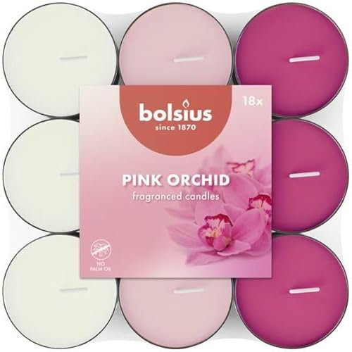 Bolsius - 18 Lumini Profumati - Orchidea Rosa - Durata di Combustione di 3.5 Ore - Diametro 38 mm - Estratti Naturali - Contiene Cera Vegana - Senza Olio di Palma