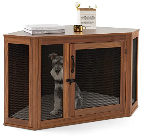 GOPLUS Eck-Hundekäfig, Hundehütte Beistelltisch mit Tür & Kissen, Hundehaus Hundebox für den Innenbereich, Tierkäfig für begrenzte Zimmer & Wohnung, Haustierkiste Möbelstil kleine Hunde