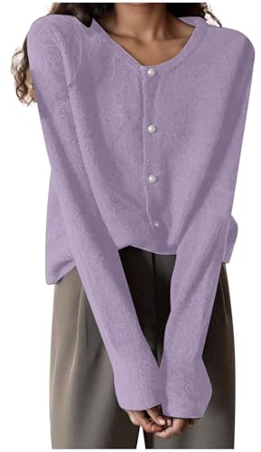 OIUHJN Couleur unie Col Rond Boucle Perle Cardigan Femme Simple Polyvalent Haut Manches Longues Femmes Printemps Gilet Laine Femme Noir, lilas, taille unique