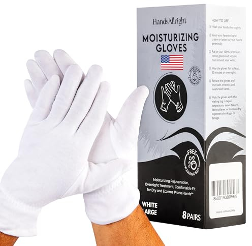 White Cotton Gloves for Dry Hand Sleeping - 8 Pairs of Washable Overnight Moisturizing Gloves with Laundry Bag, Breathable White Gloves for Women & Men