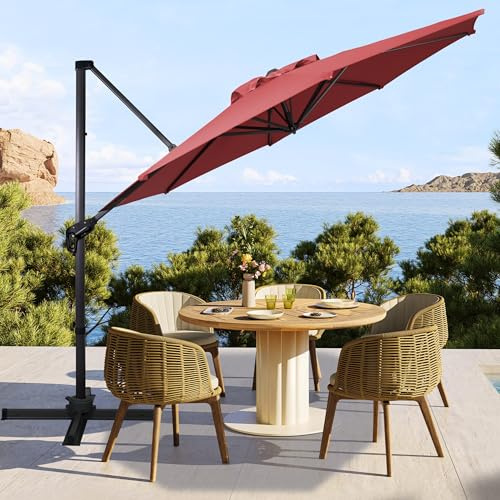 Sunnyglade 10Ft Cantilever Patio Umbrella, 360° Rotation & Integrated Tilting System Offset Umbrella with 8 Sturdy Ribs, Fade-resistant & Waterproof for Garden Backyard Poolside Deck (Red, 10FT)