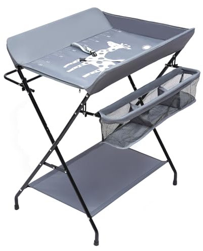 Kozivmo Baby Wickelkommode, 0–12 Mon (max. 25 kg), Zusammenklappbar, Gut Verstaubar, Aufbewahrungsfächer, Gepolsterte Wickelauflage, Erhöhter Zaun, Grey