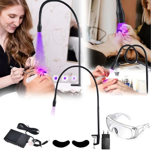 Wimpern Lampe, 5W UV-Wimpernlampe UV-Licht für Lichthärtenden Wimpernlicht für Wimpernverlängerungen Fußschalter Einstellbare Punktgröße Schwanenhals 1-3 Sekunden mit Wimpernaufkleber Schutzbrille