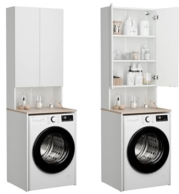 PLATAN ROOM Waschmaschinenschrank Badezimmer Hochschrank Überbauschrank für Waschmaschine und Wäschetrockner 210 x 65 x 50/25 cm (Weiß Matt/Sonoma Eiche, 50 cm tief)