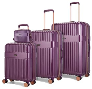 Rock Selene Set of 4 Hard Shell Suitcases in Purple - Elegant Design, 360 Swivel-Wheels, Telescopic Handle, Metallic Finish, Copper Accents & TSA Combination Lock - Small, Medium, Large & Vanity