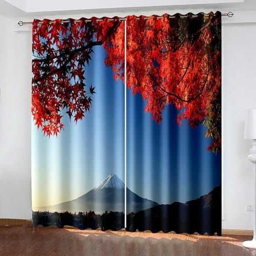 Bishilin Vorhänge Verdunklung mit Ösen 86x138CM, Gardinen Blickdicht 2er Set Muster Landschaft Ahornblätter und Vulkan Verdunklungsvorhänge Jugendzimmer Kinderzimmer