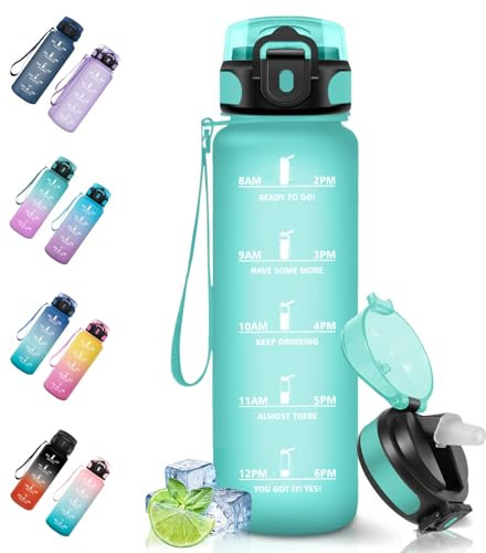 Motswedi Botella Agua, 1000ml Sin BPA, Botella Agua Gimnasio con Pajita, Reutilizable, a Prueba de Fugas, Cantimplora, para Gym, Escuela, Yoga, Camping, Azul Verde