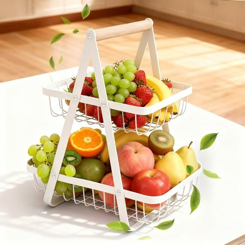 Yesaler 2 Stöckig Obstkorb Etagere Abnehmbar Obst Etagere 2 Stöckig Obstschale Etagere mit Holzgriff Metall für Brot Gemüse Snacks Weiß