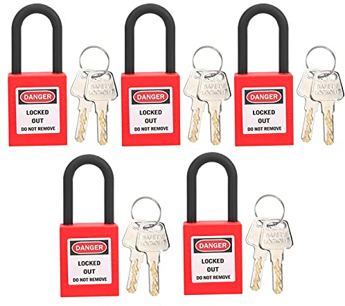 Watris Veiyi 5 uppsättningar 38 mm Lockout Tagout, hänglås konstant stängning, litet hänglås för industrilokal, röd