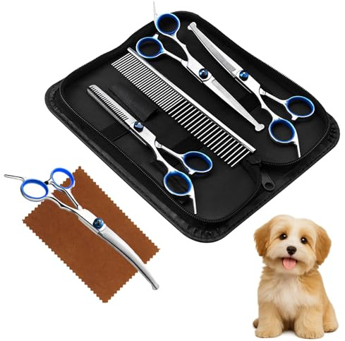 Menibeuty 5 En 1 Colocar para Tijeras Peluqueria Canina,Tijera Adelgazar,Tijeras Curvas,Tijera Recta,Peine, Puntas Redondas de Seguridad Tijeras Perros Cortar Pelo para Aseo Mascotas Bricolaje