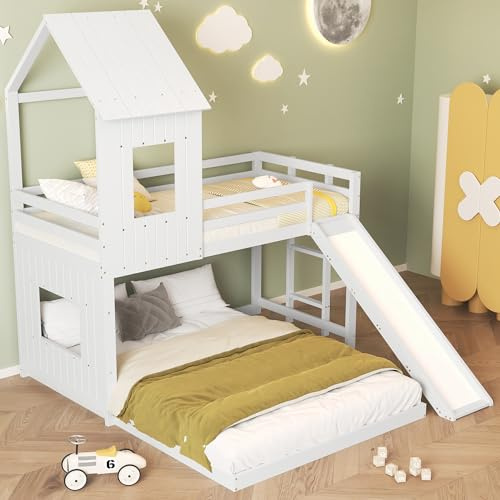 Yihomfy Kinderbett Hochbett Kinder Etagenbett mit Treppe und Rutsche&Fenstern&Dach&Aufbewahrungsbox multifunktionales bunk beds 90/140 x 200 cm (Weiß + Rutsche)