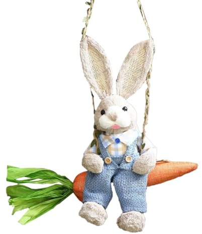 Flaroey Estatuilla de Conejito de Paja de Pascua, Conejo de Paja en Columpio de Zanahoria, Adorno Colgante de Estatua de Conejito para Decoración del Hogar de Vacaciones de Pascua B