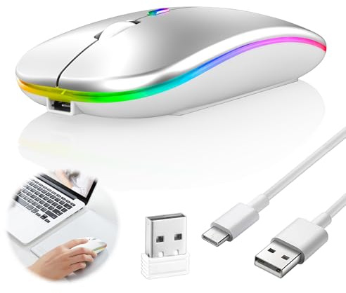 1PC Wireless Bluetooth Mouse for Macbook Laptop Rechargeale Computer Mouse 2.4G Hz Bluetooth 5.2+USB A+USB C Dual Receivers Mice-1600DPI LED Quiet Click Office Mice for Windows Mac iPad Silver