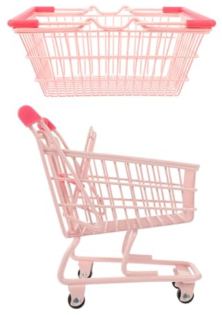 Veemoon 2pcs Mini Shopping Cart Set with Handle – Small Shopping Basket and Medium Pink Cart for Pretend Play