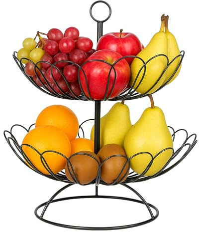 GREENSAPPIRE Obst Etagere Schwarz 2 Stöckig Große Obstkorb Etagere | Metall für Obst und Gemüse Aufbewahrung, Moderne Etageres Schwarz für Küche & Esstisch
