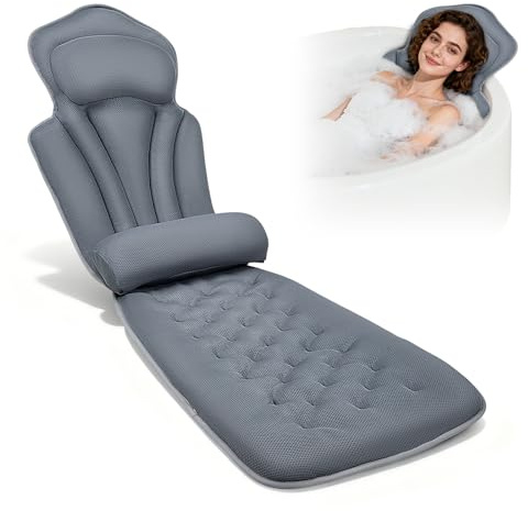 4D weiches mit Nackenstütze & separater Lendenwirbelstütze, 144 Saugnäpfe für extra starken Halt (12x mehr), Badewannenkissen 133x41 cm, inklusive Waschbeutel (Grau)