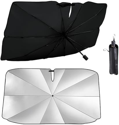 Car Windshield Sun Shade Umbrella, Front Windscreen Sunshade (140×79cm) | 360° Rotation Foldable and Bendable Support Bar, Reflective UV Dust Protector, Keeps Vehicle Cooler, for Cars Trucks SUV