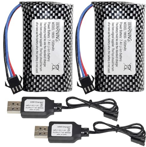 Afenau RC Akku 7.4V SM 3P, 2 Pcs 7.4V 1500mAh Li-Ion Akku Set mit USB Ladegerät, 18560 Akku Ferngesteuertes Auto 7,4V für RC Drone, Panzer, Roboter
