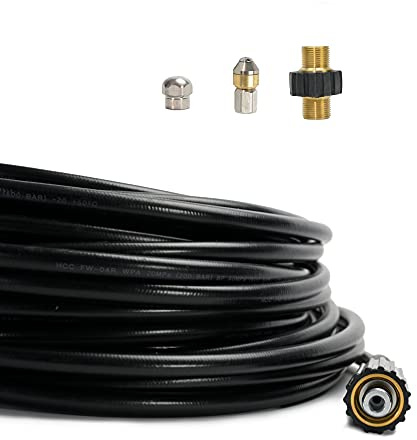 M&M Smartek Rohrreinigungsschlauch 30m, 4-teilig für Kärcher HD/HDS | Mit 1/8 Zoll AG und M22x1,5 IG für Profi-Geräte; rotierende Düse löst Ablagerungen und fördert den Schlauch im Rohr.