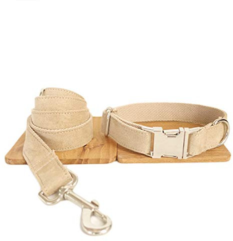 Einfarbige Hundehalsband mit Leine Set Steckverschluss Hundhalskette Verstellbare Hundehalsung Pastell Baumwolle mit Hundeführleine Hundeleine für Klein Mittlere Grosse Hunde (L, beige)