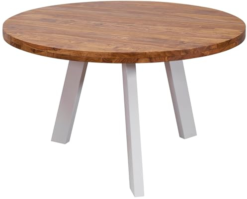 FineBuy Esszimmertisch rund 130x77x130 cm Sheesham Massiv Esstisch Beine Weiß, Runder Holztisch mit Metallbeinen, Massivholztisch Esszimmer, Küchentisch Massivholz, Speisetisch Echt-Holz Braun