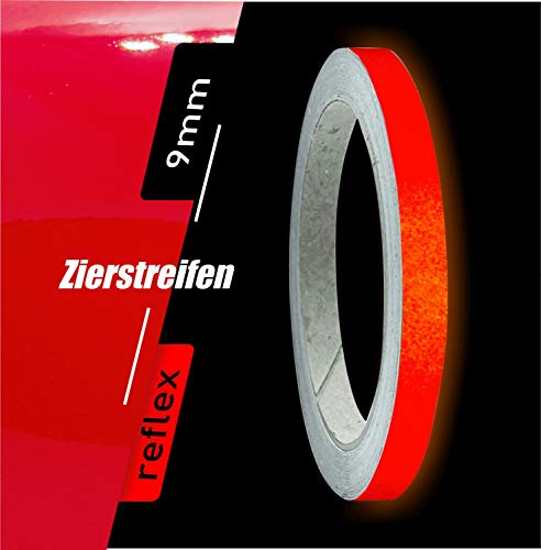 siviwonder Zierstreifen selbstklebend Reflexfolie Rot retroreflektierend 9 mm x 10 m Rolle Dekorband Auto Motorrad Fahrrad Wohnwagen Helm Pinstripe Klebeband für Konturmarkierung Sichtbarkeit PKW LKW